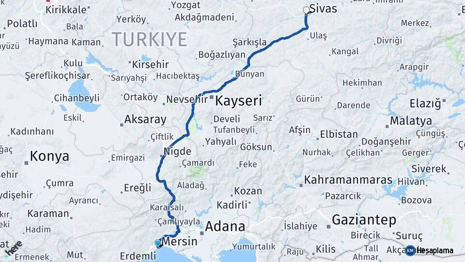 Mersin Akdeniz Sivas Arası Kaç Km - Yol Haritası
