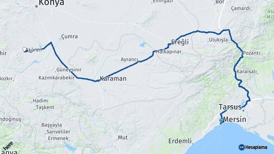Mersin Akören Konya Arası Kaç Km - Yol Haritası
