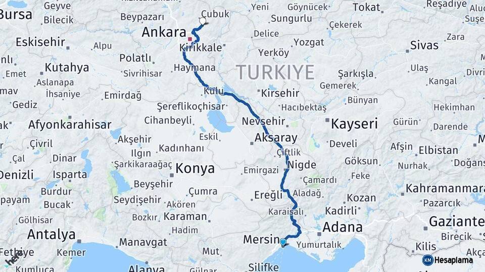 Mersin Akyurt Ankara Arası Kaç Km - Yol Haritası