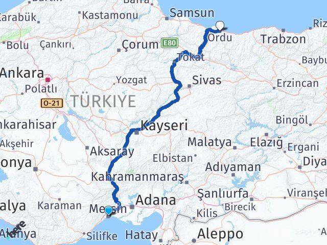 Mersin Altınordu Arası Kaç Km - Yol Haritası