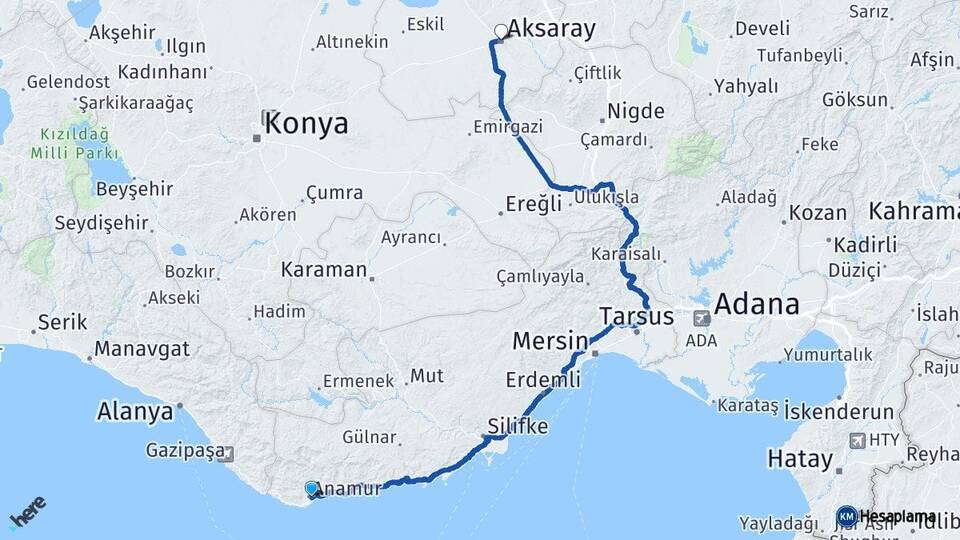 Mersin Anamur Aksaray Arası Kaç Km - Yol Haritası