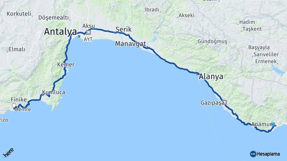Mersin Anamur Demre Antalya Arası Kaç Km - Yol Haritası