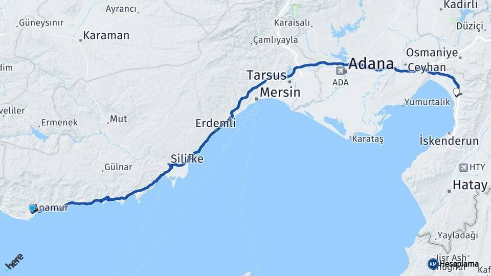 Mersin Anamur Dörtyol Hatay Arası Kaç Km - Yol Haritası