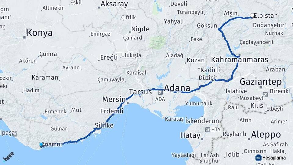 Mersin Anamur Elbistan Kahramanmaraş Arası Kaç Km - Yol Haritası