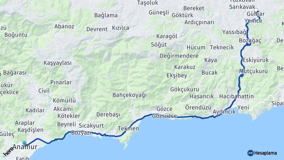 Mersin Anamur Gülnar Arası Kaç Km - Yol Haritası