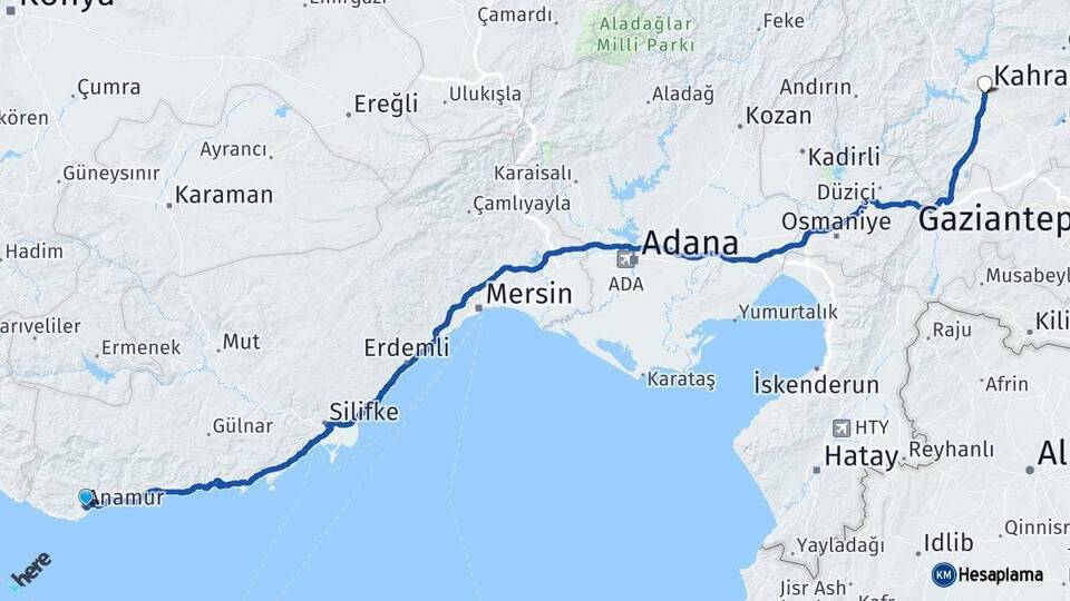 Mersin Anamur Kahramanmaraş Arası Kaç Km - Yol Haritası
