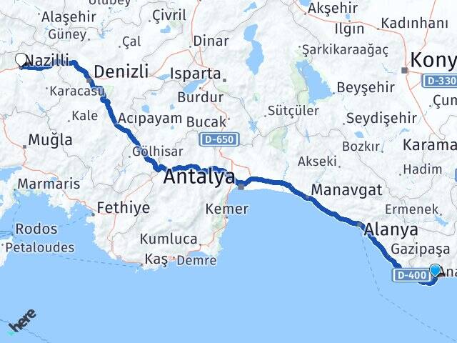 Mersin Anamur Nazilli Aydın Arası Kaç Km - Yol Haritası