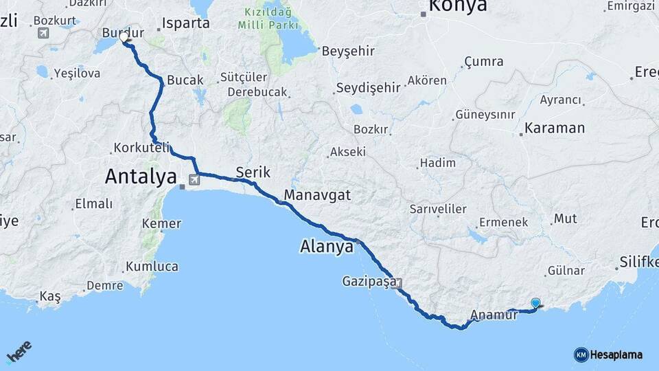 Mersin Aydıncık Burdur Arası Kaç Km - Yol Haritası