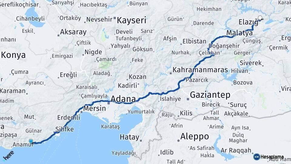 Mersin Aydıncık Elazığ Arası Kaç Km - Yol Haritası