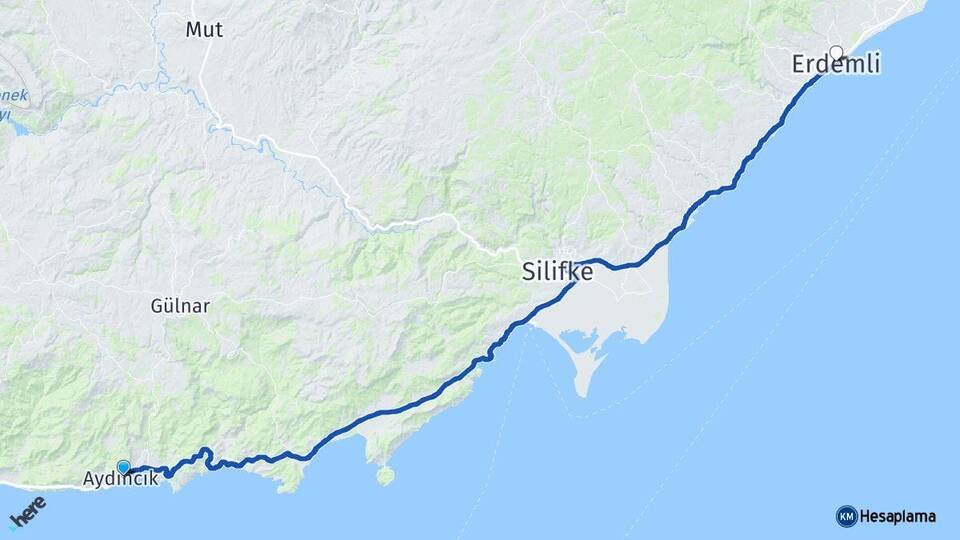 Mersin Aydıncık Erdemli Arası Kaç Km - Yol Haritası