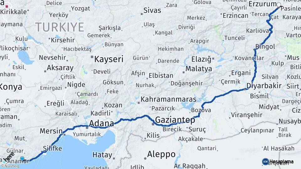 Mersin Aydıncık Erzurum Arası Kaç Km - Yol Haritası