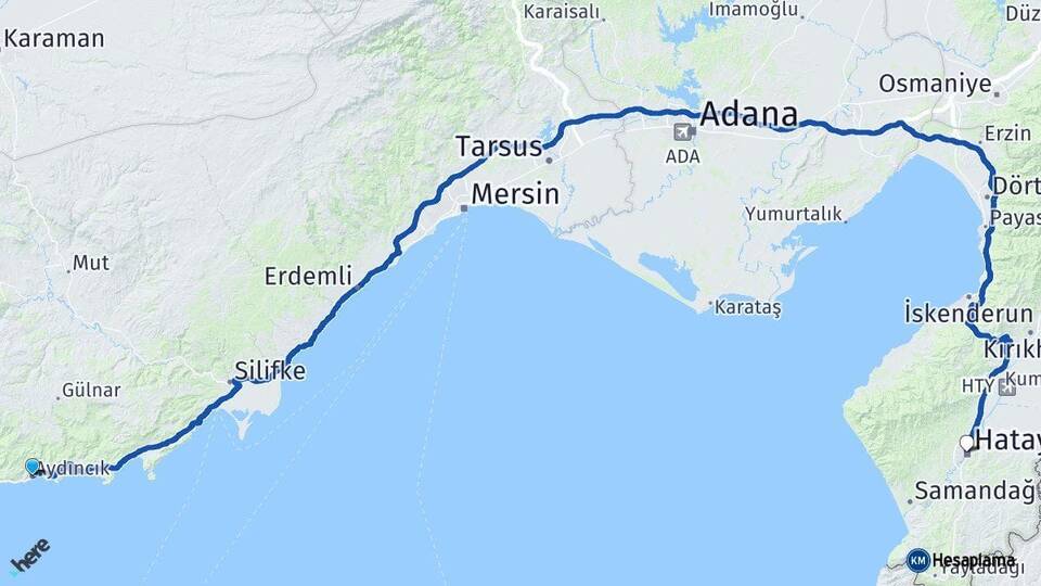 Mersin Aydıncık Hatay Arası Kaç Km - Yol Haritası