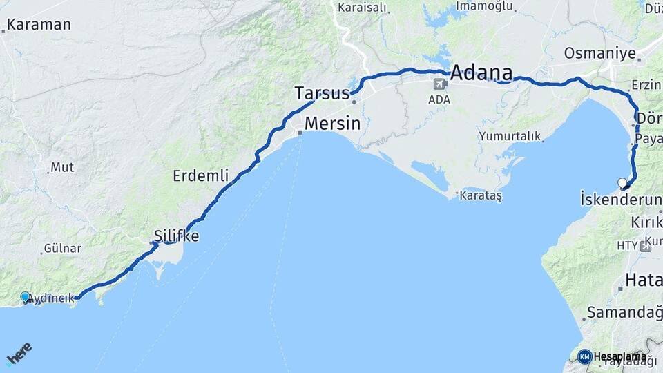 Mersin Aydıncık İskenderun Hatay Arası Kaç Km - Yol Haritası