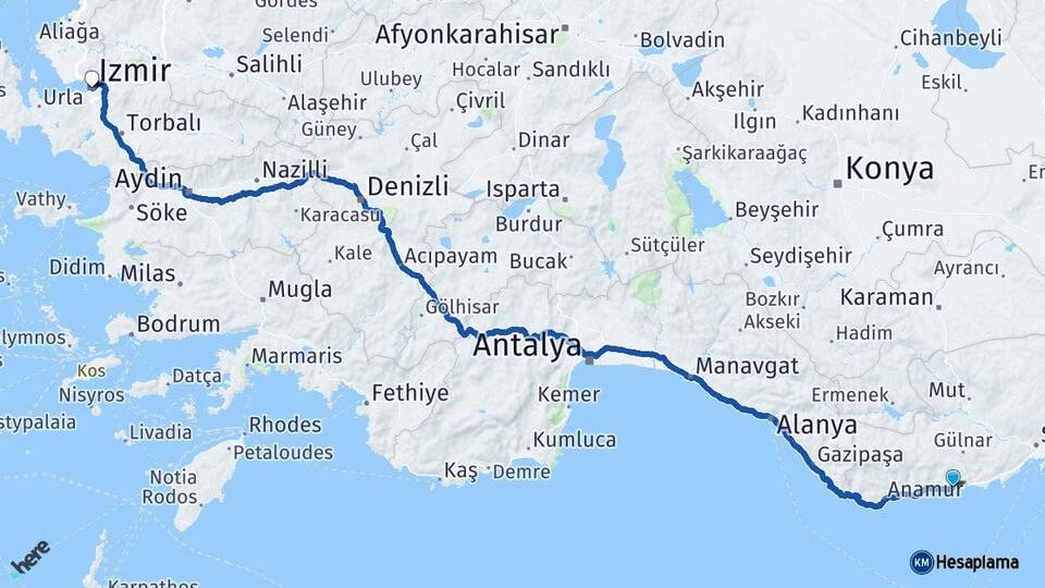 Mersin Aydıncık İzmir Arası Kaç Km - Yol Haritası