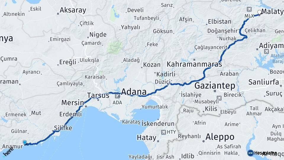 Mersin Aydıncık Malatya Arası Kaç Km - Yol Haritası