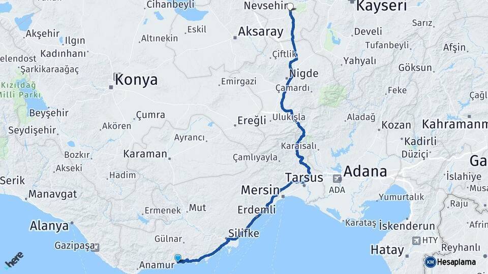 Mersin Aydıncık Nevşehir Arası Kaç Km - Yol Haritası