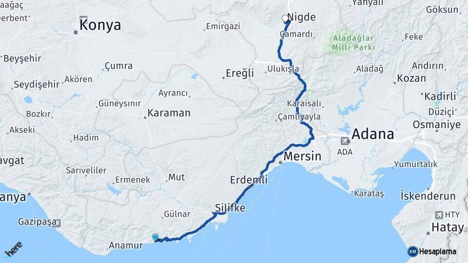 Mersin Aydıncık Niğde Arası Kaç Km - Yol Haritası