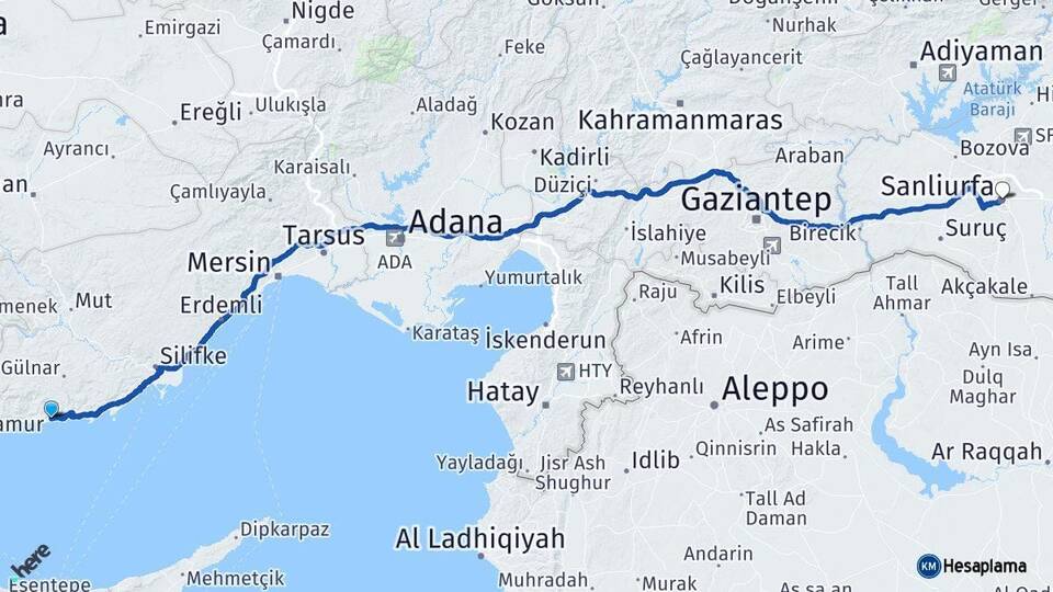 Mersin Aydıncık Şanlıurfa Arası Kaç Km - Yol Haritası