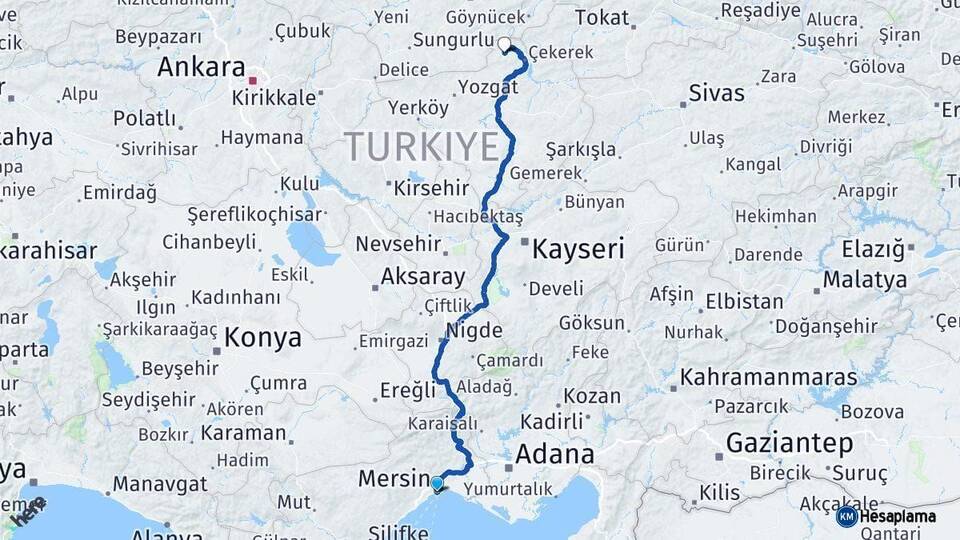 Mersin Aydıncık Yozgat Arası Kaç Km - Yol Haritası