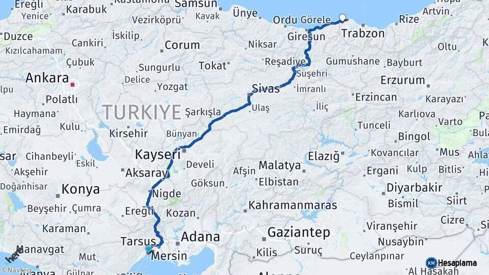 Mersin Beşikdüzü Trabzon Arası Kaç Km - Yol Haritası