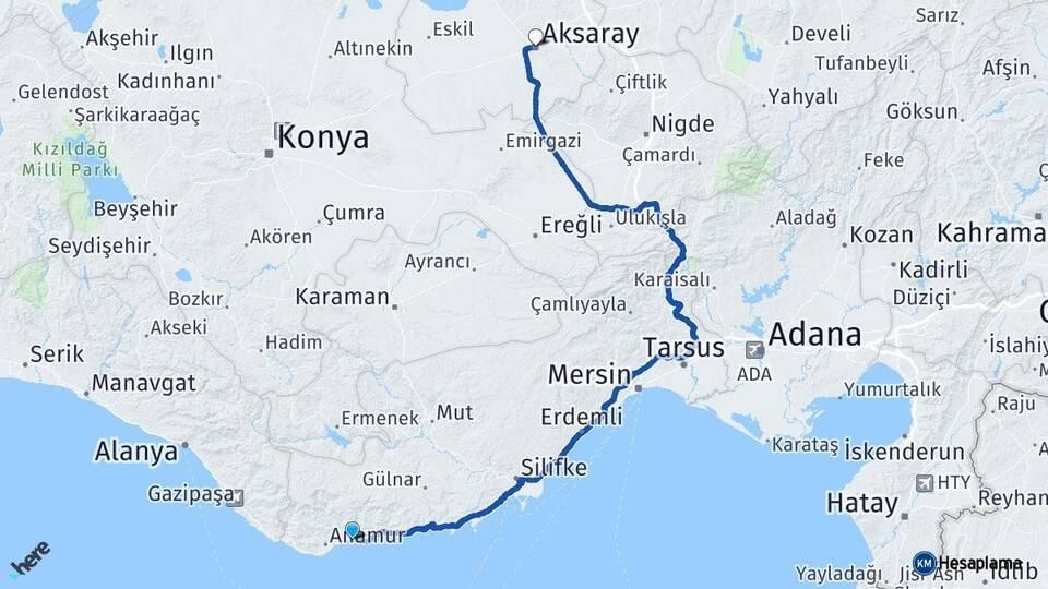 Mersin Bozyazı Aksaray Arası Kaç Km - Yol Haritası