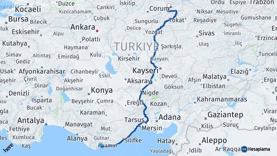 Mersin Bozyazı Amasya Arası Kaç Km - Yol Haritası