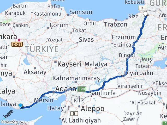 Mersin Bozyazı Artvin Arası Kaç Km - Yol Haritası