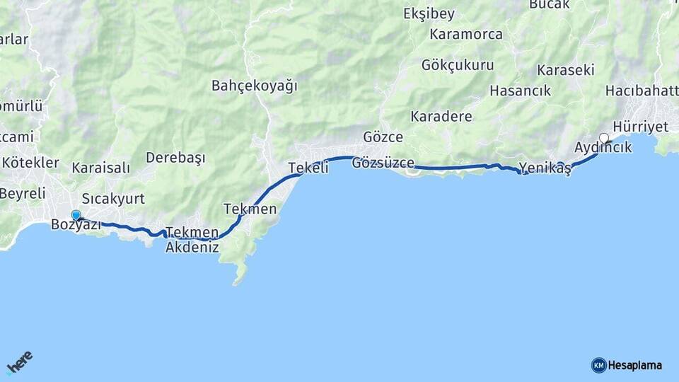 Mersin Bozyazı Aydıncık Arası Kaç Km - Yol Haritası
