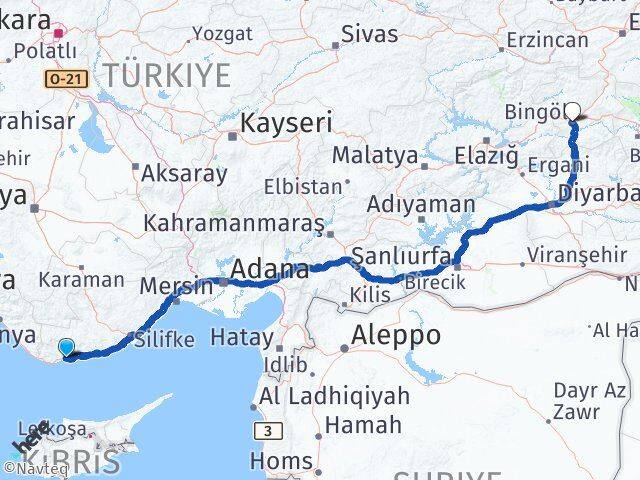 Mersin Bozyazı Bingöl Arası Kaç Km - Yol Haritası