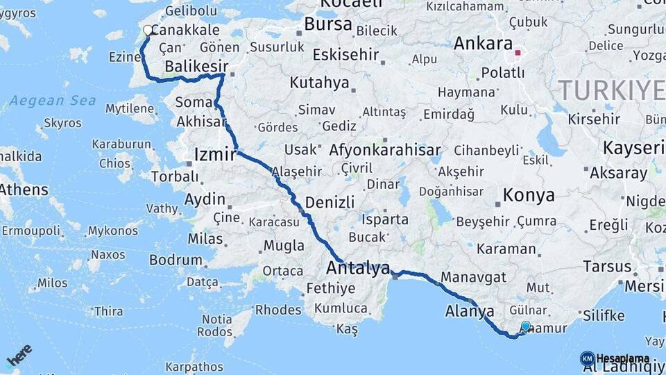 Mersin Bozyazı Çanakkale Arası Kaç Km - Yol Haritası