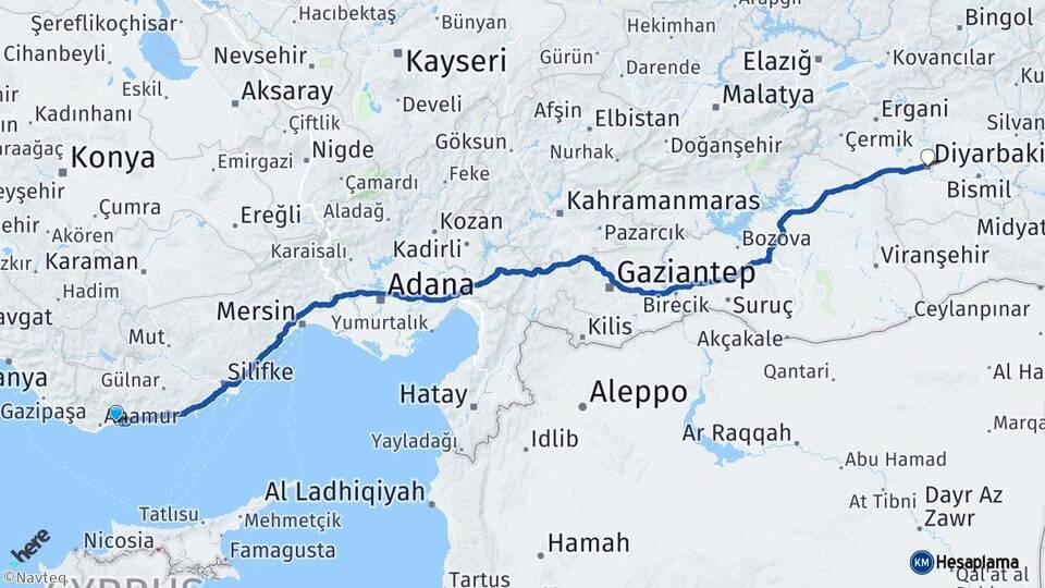 Mersin Bozyazı Diyarbakır Arası Kaç Km - Yol Haritası