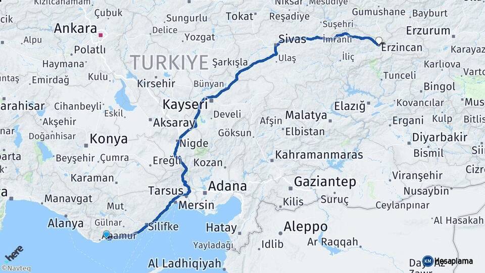 Mersin Bozyazı Erzincan Arası Kaç Km - Yol Haritası