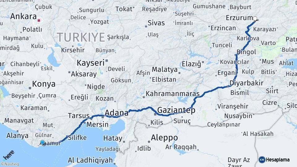 Mersin Bozyazı Erzurum Arası Kaç Km - Yol Haritası