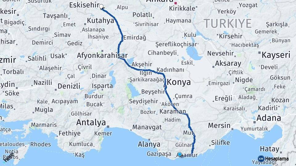 Mersin Bozyazı Eskişehir Arası Kaç Km - Yol Haritası