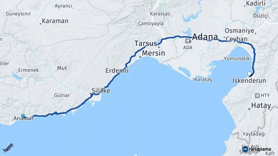 Mersin Bozyazı İskenderun Hatay Arası Kaç Km - Yol Haritası