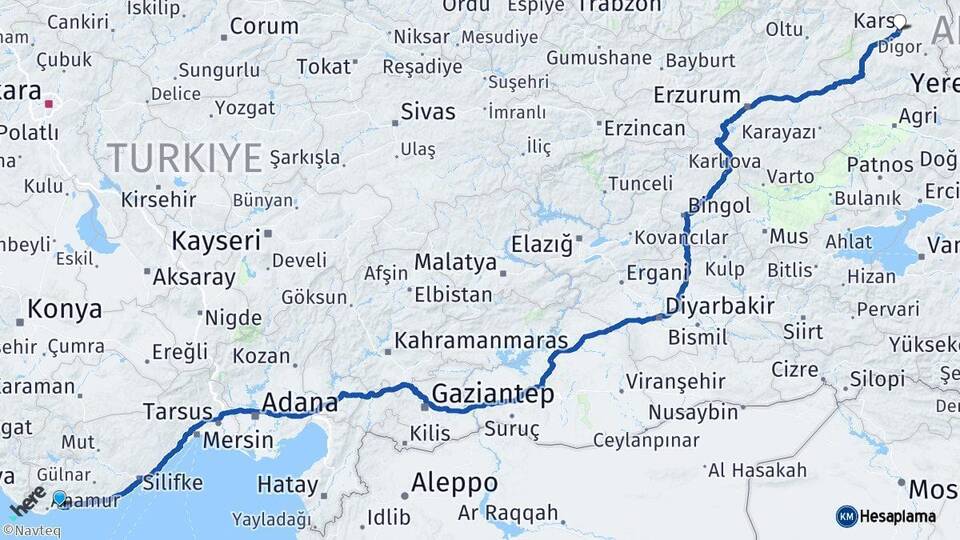 Mersin Bozyazı Kars Arası Kaç Km - Yol Haritası