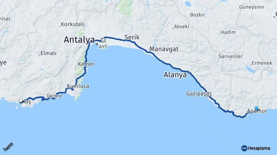 Mersin Bozyazı Kaş Antalya Arası Kaç Km - Yol Haritası
