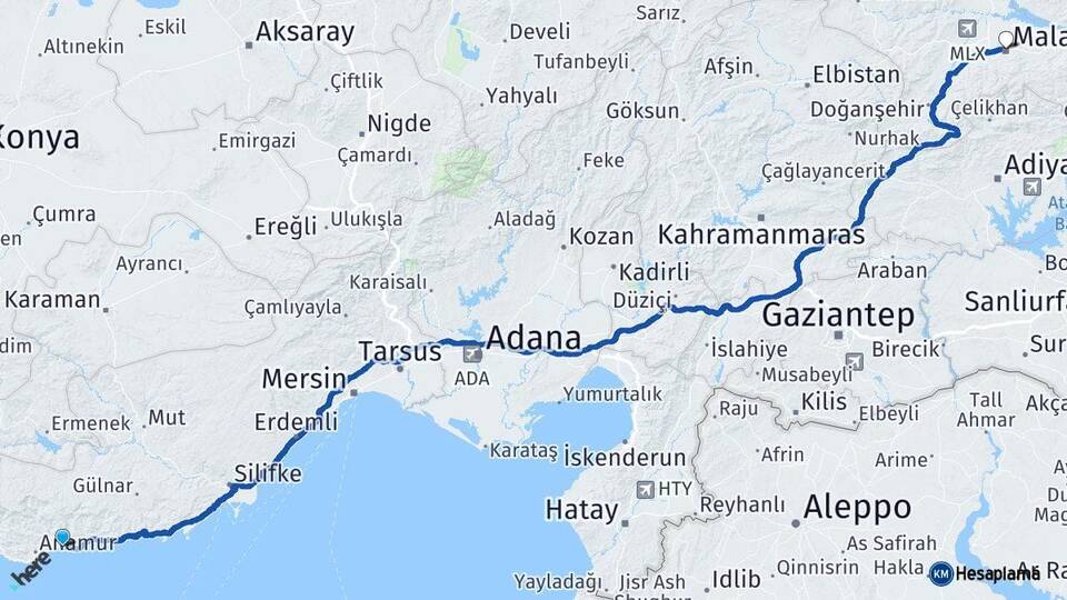Mersin Bozyazı Malatya Arası Kaç Km - Yol Haritası