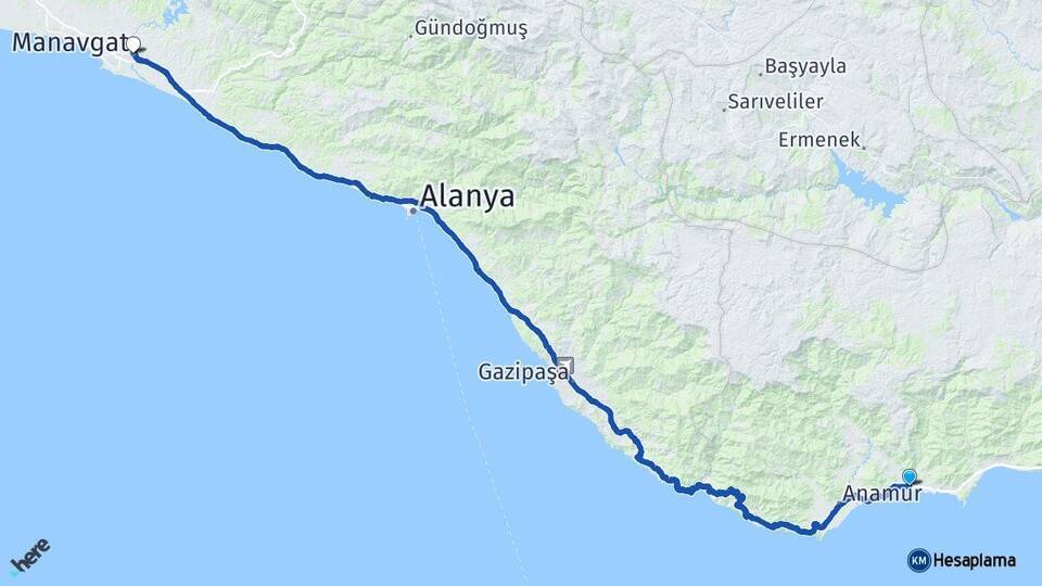 Mersin Bozyazı Manavgat Antalya Arası Kaç Km - Yol Haritası