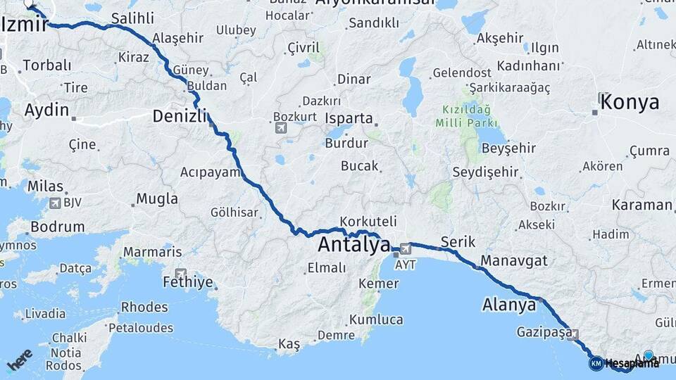 Mersin Bozyazı Manisa Arası Kaç Km - Yol Haritası