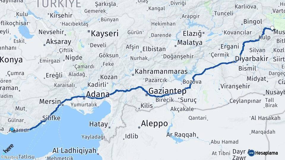 Mersin Bozyazı Muş Arası Kaç Km - Yol Haritası