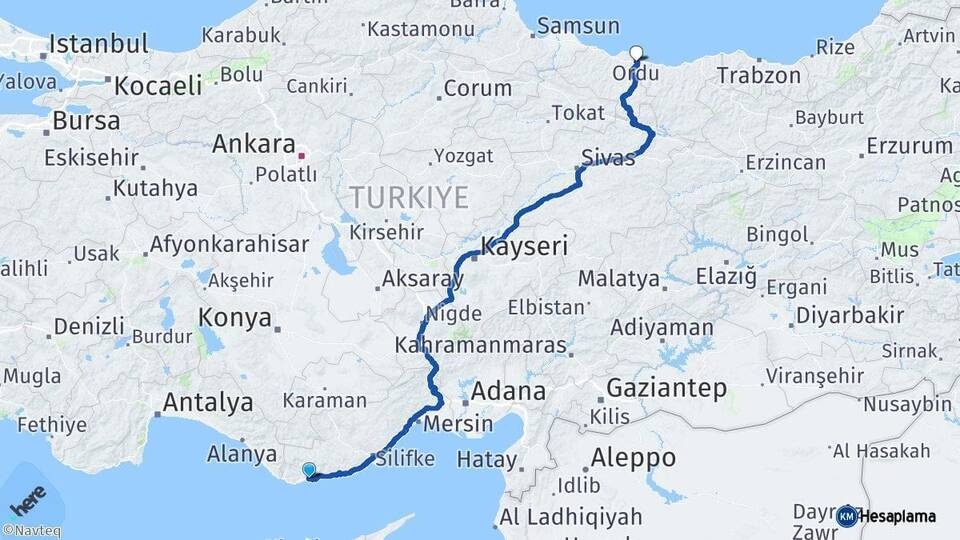 Mersin Bozyazı Ordu Arası Kaç Km - Yol Haritası