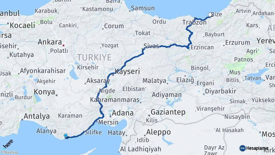Mersin Bozyazı Rize Arası Kaç Km - Yol Haritası