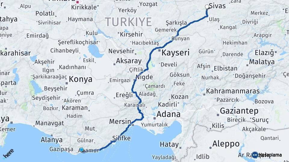 Mersin Bozyazı Sivas Arası Kaç Km - Yol Haritası