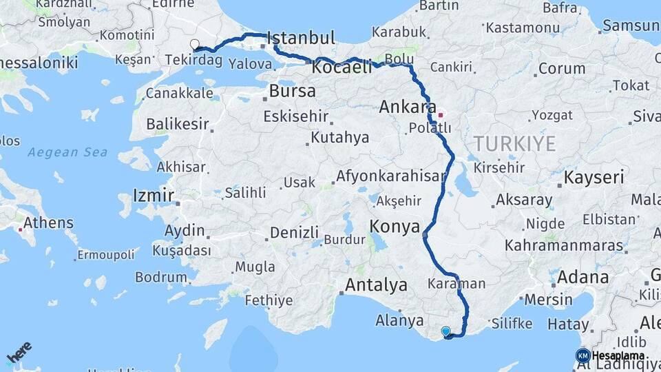 Mersin Bozyazı Tekirdağ Arası Kaç Km - Yol Haritası