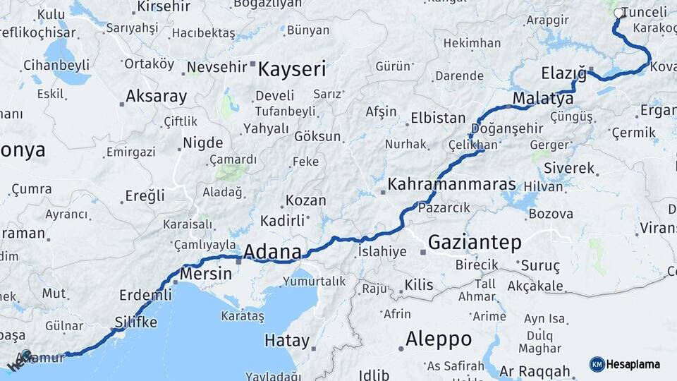 Mersin Bozyazı Tunceli Arası Kaç Km - Yol Haritası