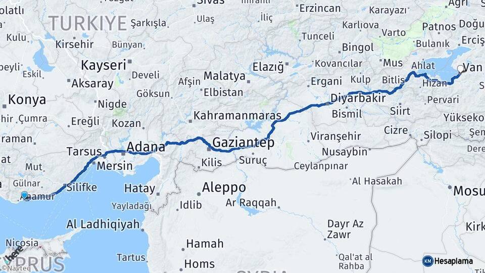 Mersin Bozyazı Van Arası Kaç Km - Yol Haritası