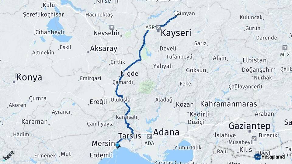 Mersin Bünyan Kayseri Arası Kaç Km - Yol Haritası