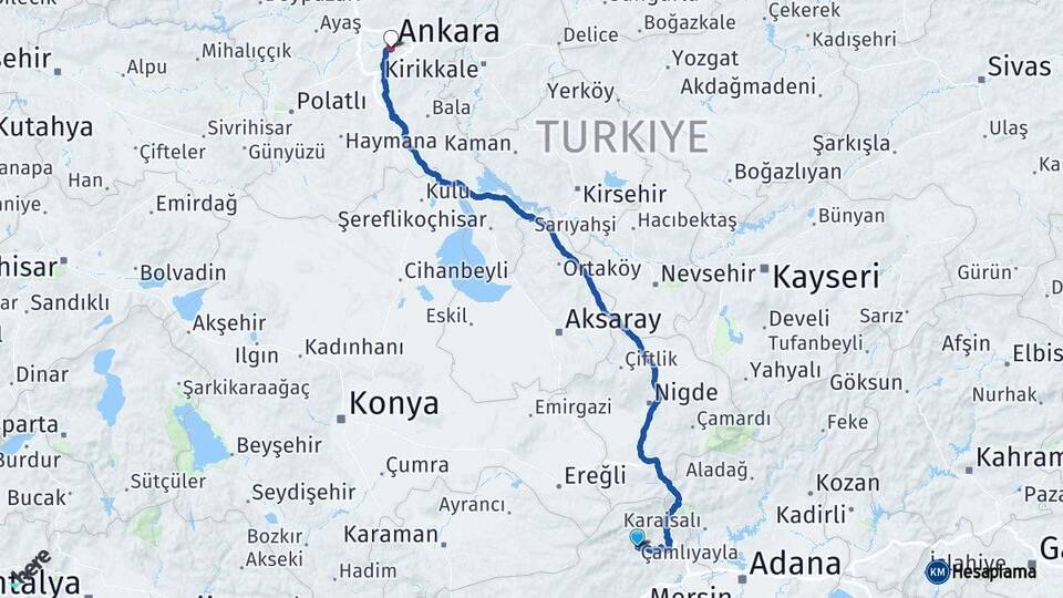 Mersin Çamlıyayla Ankara Arası Kaç Km - Yol Haritası