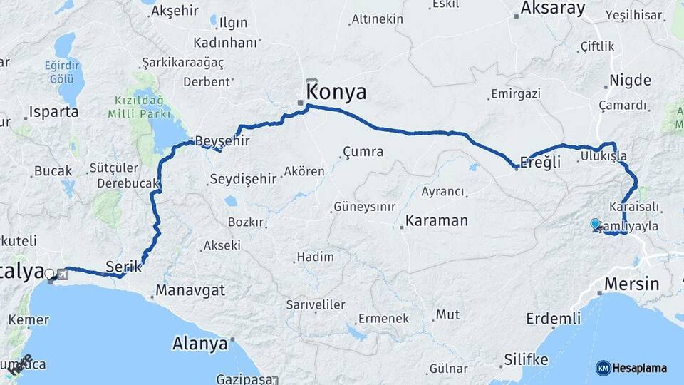 Mersin Çamlıyayla Antalya Arası Kaç Km - Yol Haritası